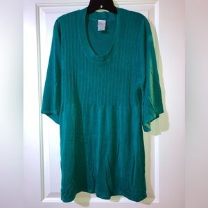 Just My Size, three quarter bell sleeve, thigh length, ribbed green sweater